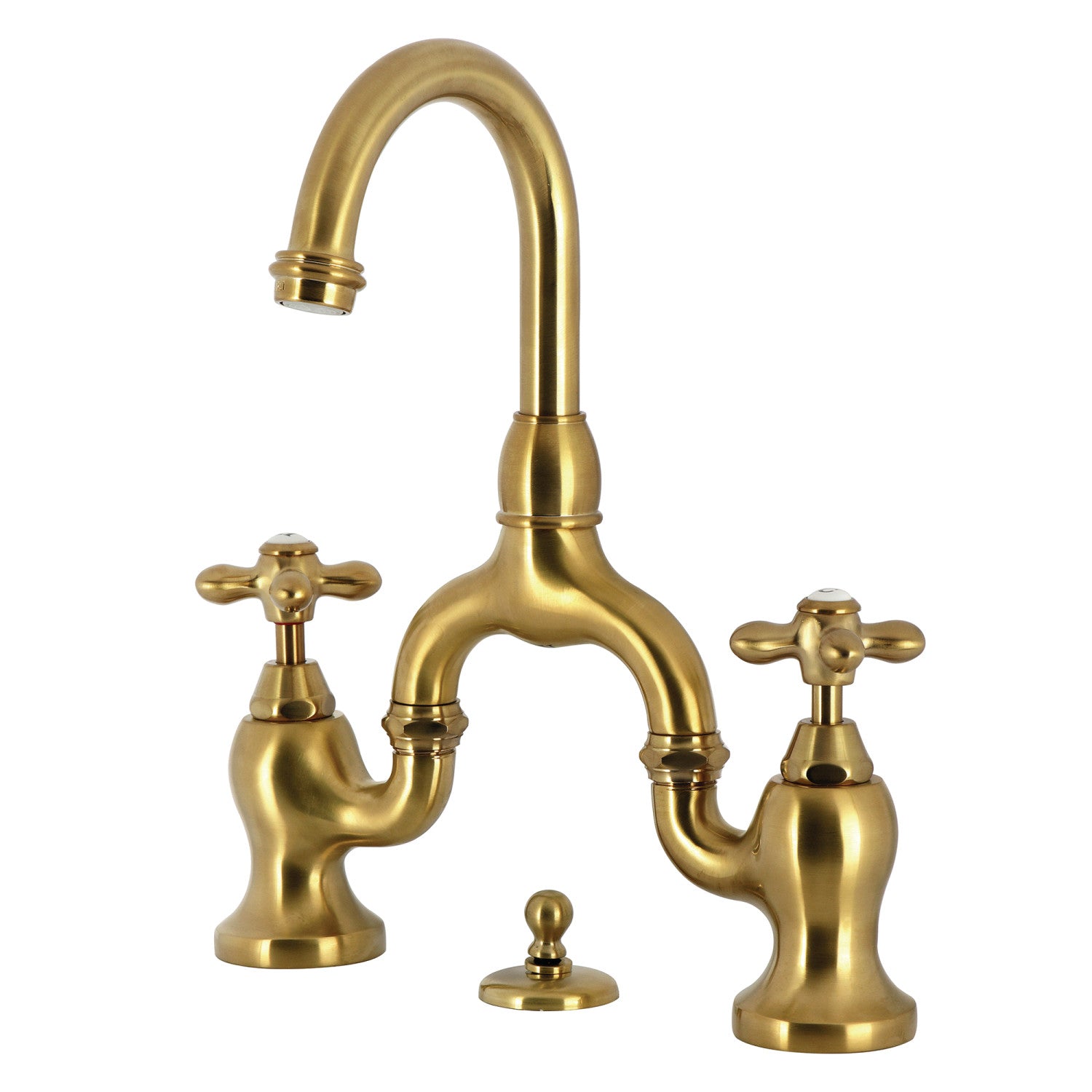 Kingston Heirloom KS7997AX - English Country Two-Handle 3-Hole Deck Mount Bridge Bathroom Faucet with Brass Pop-Up, Brushed Brass — image 1